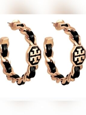 Tory Burch Black Marion Woven Hoop Earrings